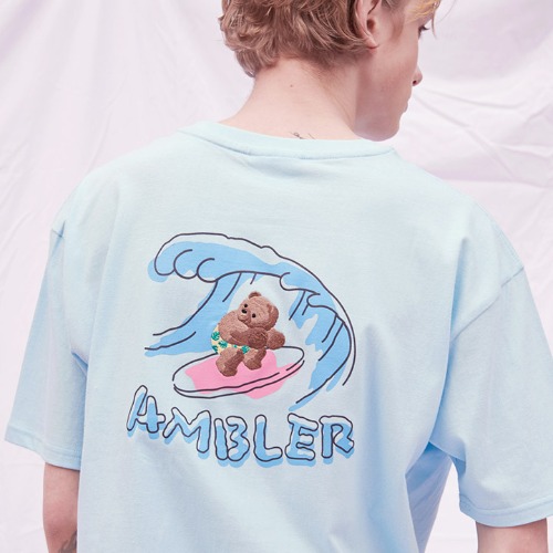 엠블러 남여공용 Surfing Bear 오버핏 반팔 티셔츠 AS916 (블루)