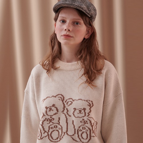 엠블러 Two teddy bears 남여공용 오버핏 스웨터 니트 AKN202 (IVORY)
