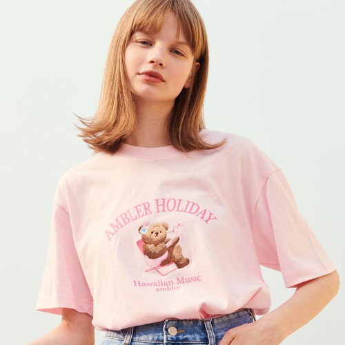 엠블러 남여공용 Hawaiian Music 오버핏 반팔 티셔츠 AS930 (핑크)