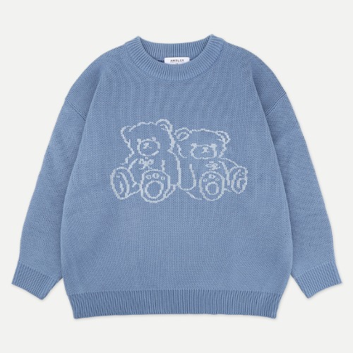 엠블러 Two teddy bears 남여공용 오버핏 스웨터 니트 AKN202 (BLUE)