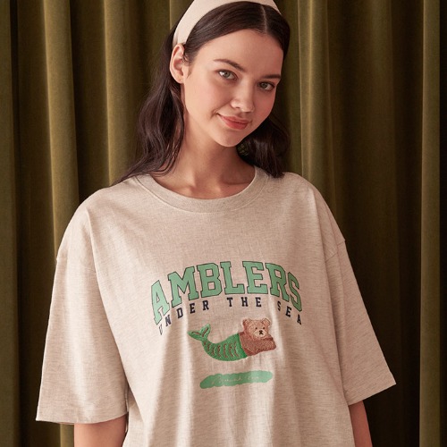 엠블러 남여공용 Mermaid Bear 오버핏 반팔 티셔츠 AS908 (오트밀)