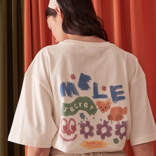 엠블러 남여공용 Paint MBLE 오버핏 반팔 티셔츠 AS904 (크림)