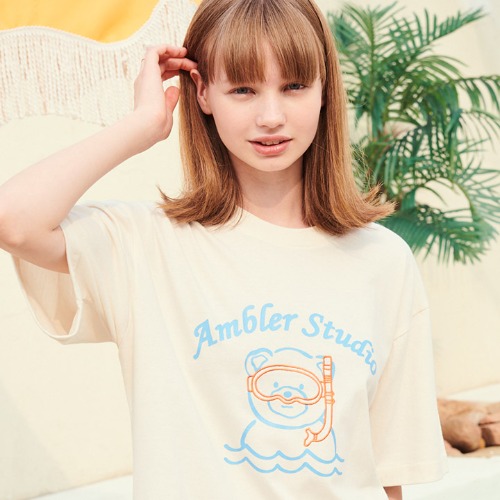 엠블러 남여공용 Snorkeling Bear 오버핏 반팔 티셔츠 AS927 (크림)