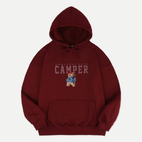엠블러 Camper Bear 남여공용 오버핏 기모 후드 티셔츠 AHP903 (버건디)