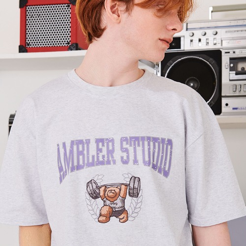 엠블러 남여공용 Weight lifting bear 오버핏 반팔 티셔츠 AS1007 (백멜란지)