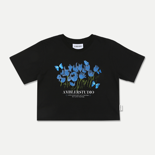 엠블러 Blue Butterfly 크롭 반팔 티셔츠 ACR404 (블랙)