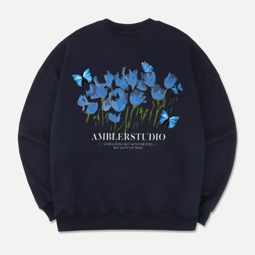 엠블러 남여공용 Blue Butterfly 오버핏 기모 맨투맨 티셔츠 AMM1110 (네이비)