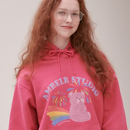 엠블러 남여공용 Rainbow bear 오버핏 기모 후드 티셔츠 AHP1007 (마젠타핑크)