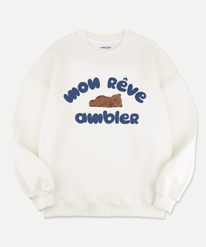 엠블러 남여공용 Dream bear 오버핏 기모 맨투맨 티셔츠 AMM1111 (아이보리)