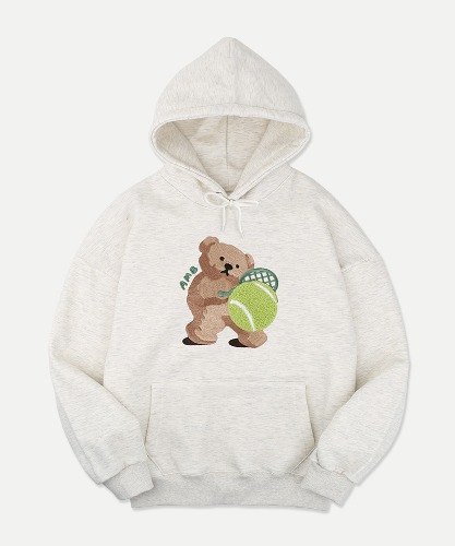엠블러 남여공용 Tennis Bear 오버핏 기모 후드 티셔츠 AHP1021 (오트밀)