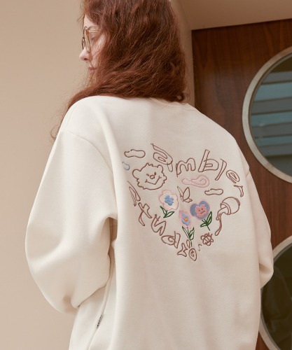 엠블러 남여공용 Flower heart 오버핏 기모 맨투맨 티셔츠 AMM1107 (아이보리)