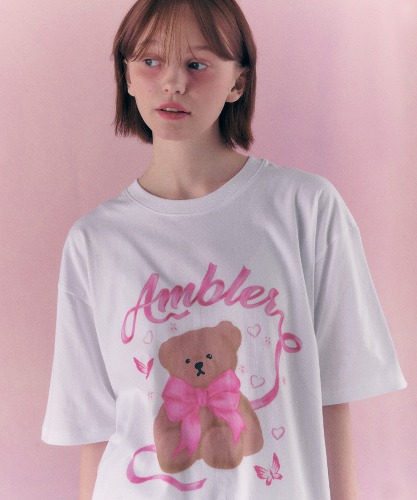 엠블러 남여공용 Balletcore Bear 오버핏 반팔 티셔츠 AS1110 (화이트)